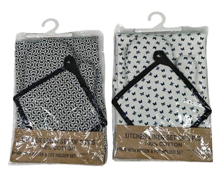 Offer # 3191- 3 pc Kithen Set- Apron, Oven Mitt + Pot Holder Stock